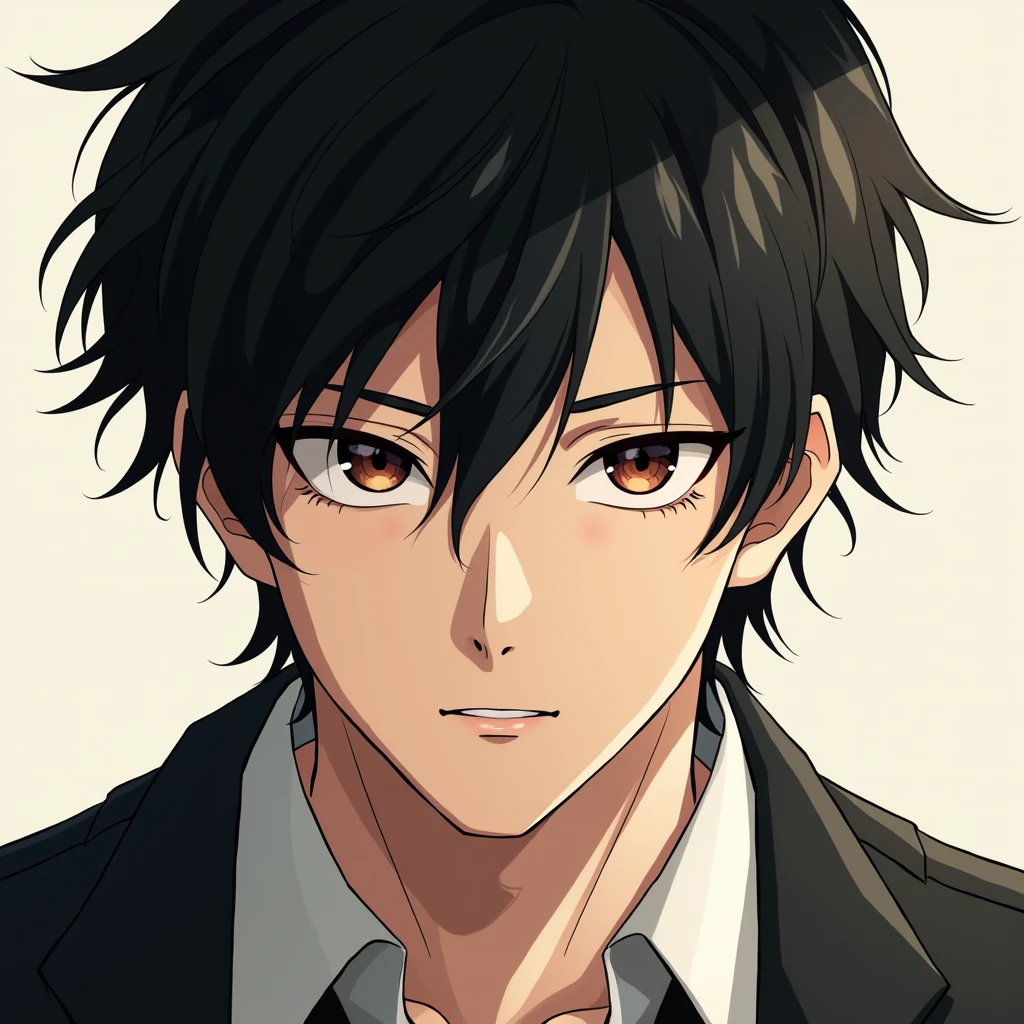 Illustration of a man with black hair who has a sincere atmosphere、Looking straight at me with those piercing eyes