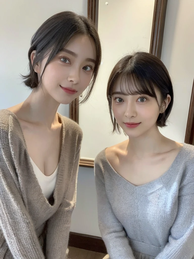 (masterpiece:1.3), (8k, Photoreal, Raw photo, best image quality: 1.4), Japanese high school girl、(random hairstyle:1.2)、cleavage:1.5、super detail face、eye for details、double eyelid、chest to chest、sharp focus:1.2、Beautiful woman:1.4、light brown hair、highest quality、masterpiece、超A high resolution、(Photoreal:1.4)、Highly detailed and professionally lit smiles、loose and light knitwear、shoulder out、thin、serious expression、short haired、deadly position
similar identical twins
All the girls have the exact same face, The two have the same face and figure, as if they were mirror images.