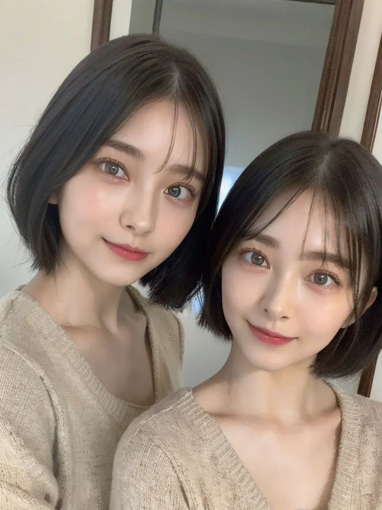 (masterpiece:1.3), (8k, Photoreal, Raw photo, best image quality: 1.4), Japanese high school girl、(random hairstyle:1.2)、cleavage:1.5、super detail face、eye for details、double eyelid、chest to chest、sharp focus:1.2、Beautiful woman:1.4、light brown hair、highest quality、masterpiece、超A high resolution、(Photoreal:1.4)、Highly detailed and professionally lit smiles、loose and light knitwear、shoulder out、thin、serious expression、short haired、deadly position
similar identical twins
All the girls have the exact same face, The two have the same face and figure, as if they were mirror images.