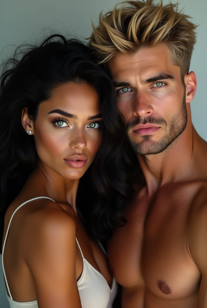 A Brazilian woman with blue eyes,big black hair,Caucasian skin,next to a strong man with green eyes,hair blonde, American,de Caucasian skin também 