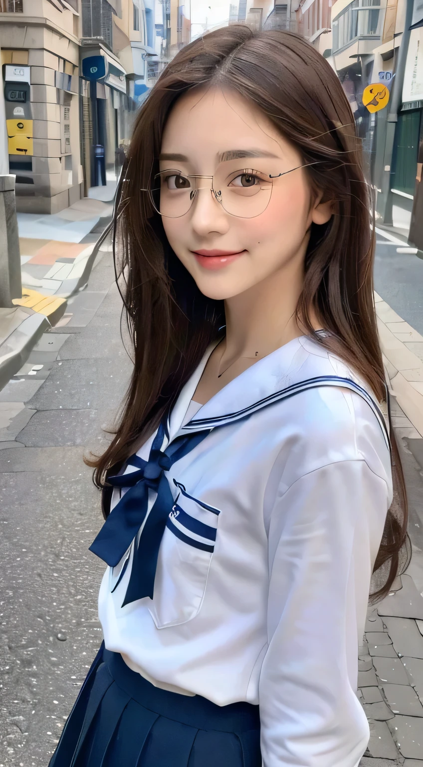 ((Top quality、8K、masterpiece:1.3))、Beautiful woman with perfect body:1.4、(Brown long hair、Small:1.3)、Casual wear、on the street、Highly detailed face and skin texture、Delicate eyes、Double eyelids、a smile:1.5、whole body、Glasses、school uniform、Sailor Suit