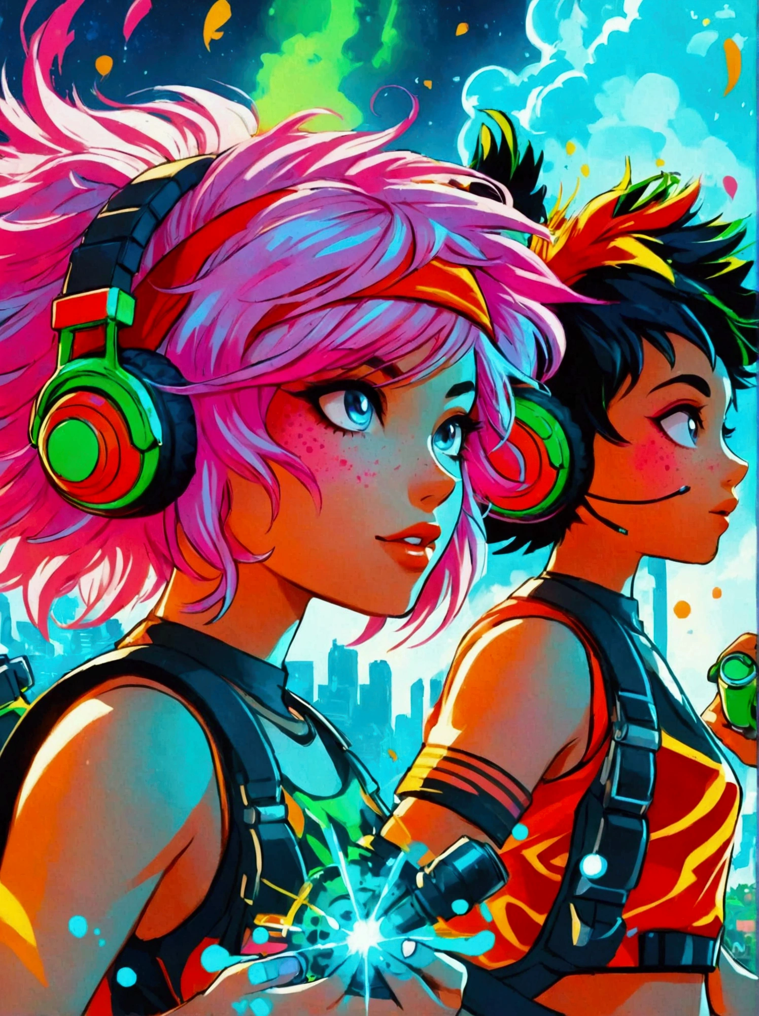 Three characters from a popular multiplayer mobile game, portrayed in an energetic comic book style with vibrant colors and bold outlines. The first character, a baseball enthusiast with bubblegum pink hair, the second, a power-drill wielding miner with a red headband, and the third, a spunky DJ with neon green headphones, are each captured in dynamic, action-packed poses. The digital painting should have a video game-inspired aesthetic with lively brush strokes.