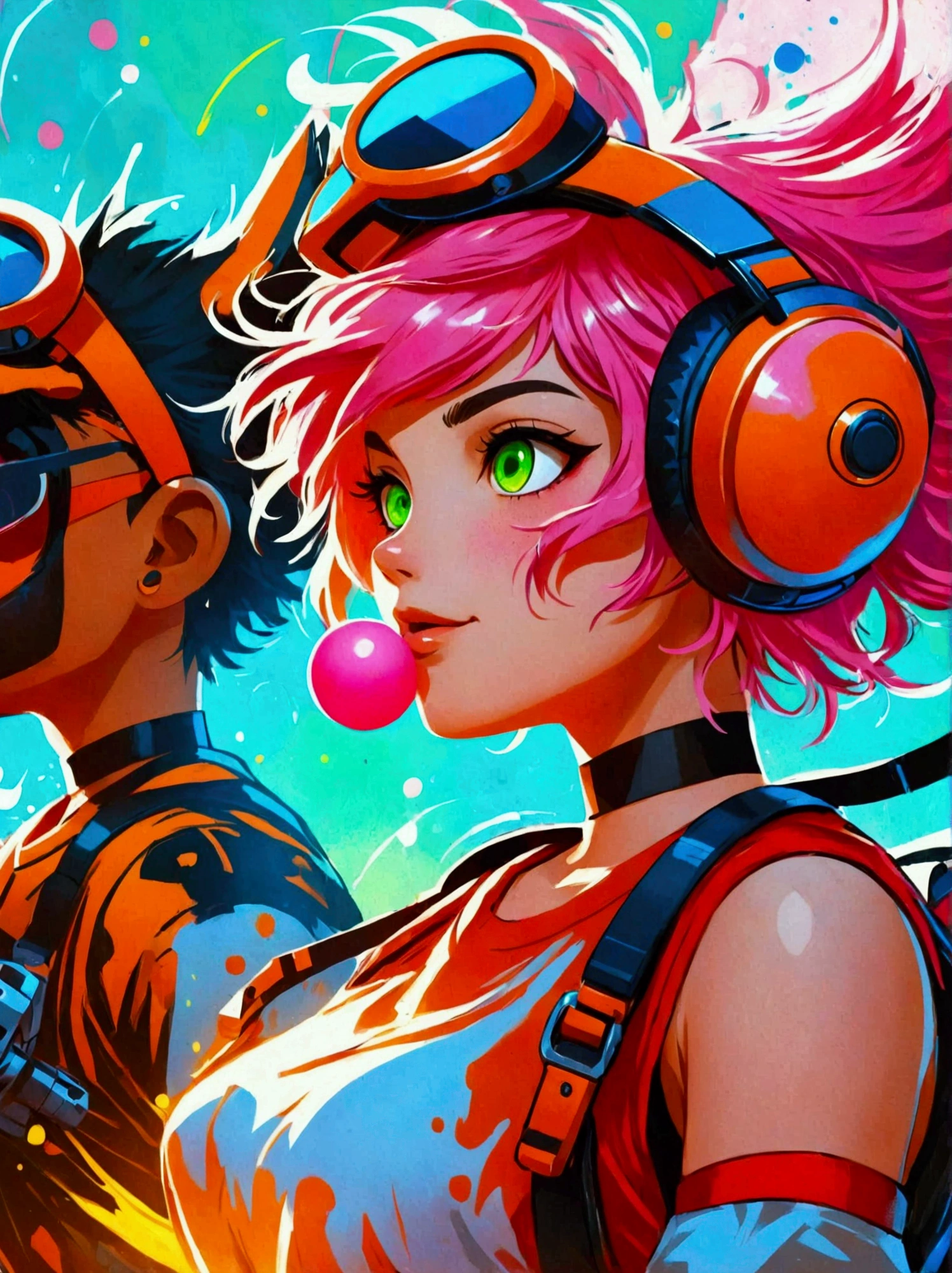 Three characters from a popular multiplayer mobile game, portrayed in an energetic comic book style with vibrant colors and bold outlines. The first character, a baseball enthusiast with bubblegum pink hair, the second, a power-drill wielding miner with a red headband, and the third, a spunky DJ with neon green headphones, are each captured in dynamic, action-packed poses. The digital painting should have a video game-inspired aesthetic with lively brush strokes.