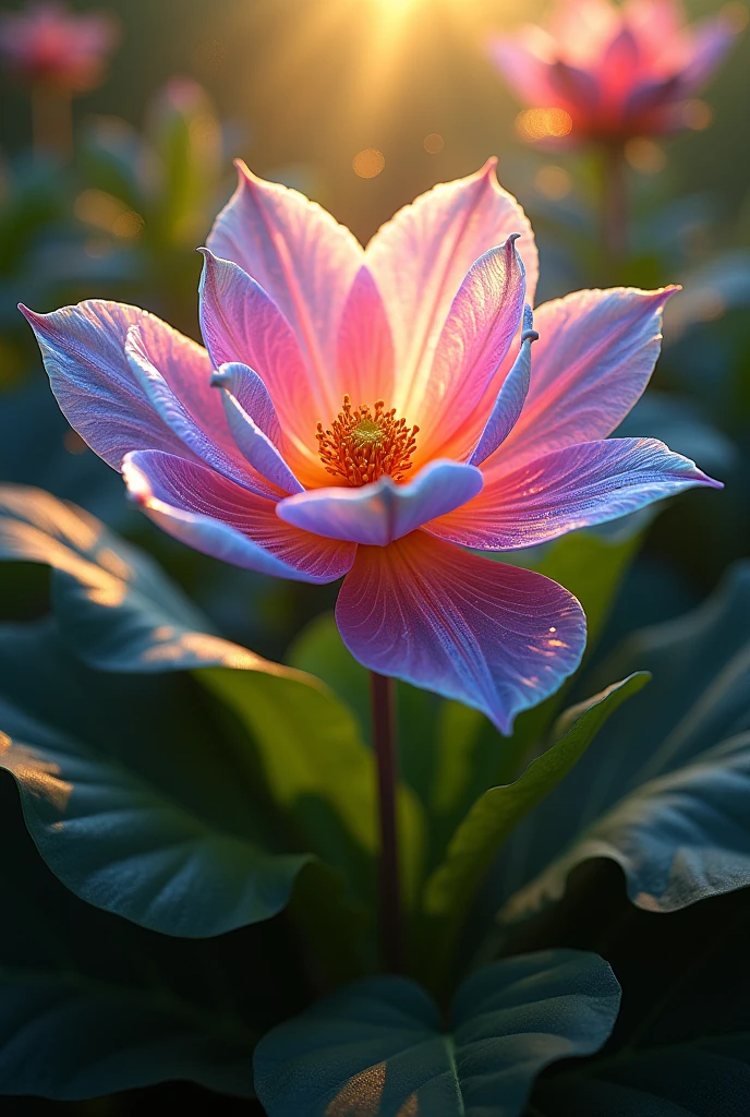 a vibrant, multicolored flower that glows faintly in the sunlight