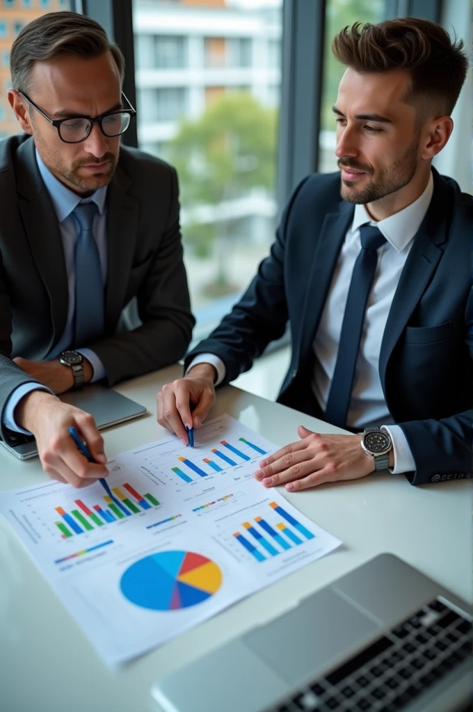 The image shows two business professionals in a meeting, discussing a document on a clipboard. The document features various colorful charts and graphs. One person is holding a pen and pointing at a specific chart, while the other listens and engages in the discussion. Two laptops are visible on the table, adding to the collaborative business setting. The scene reflects teamwork, data analysis, and strategic planning.