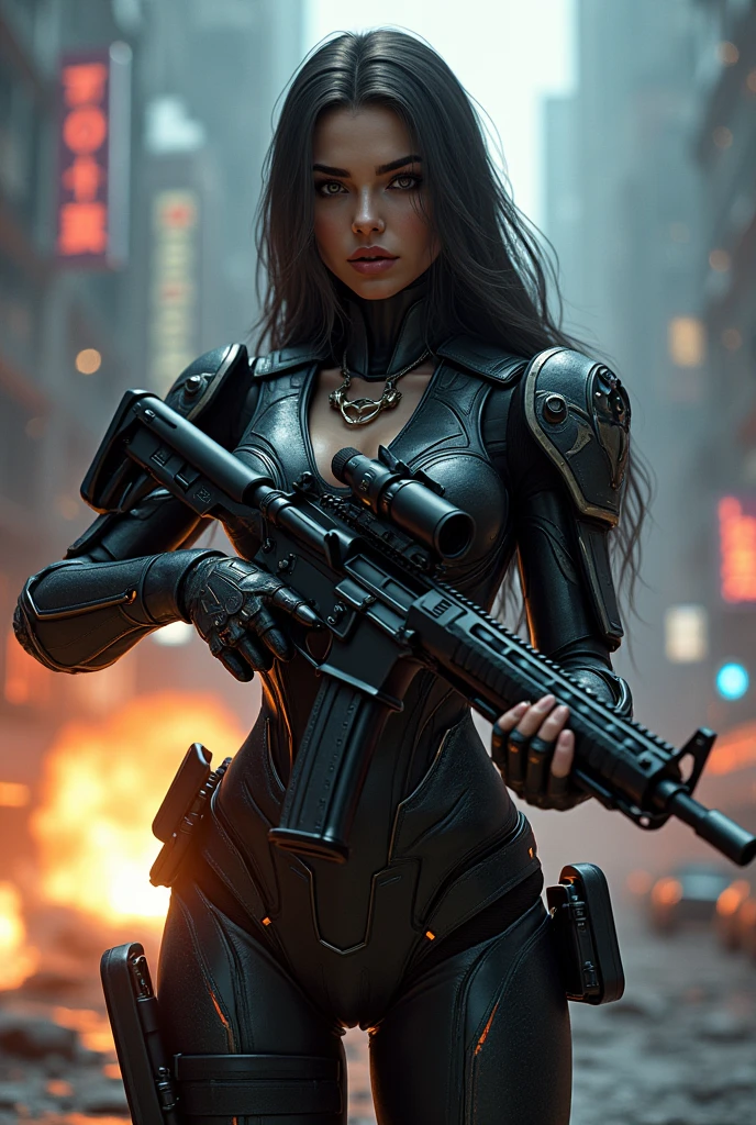 (Cowboy Shot:1.4)、A gorgeous female cyborg in heavy armor、Cyberpunk Mercenary、(Knight Camouflage Tactical Latex Bodysuit:1.6)、Tactical Helmet、Military Goggles、High Resolution Assault Rifle、 Tactical equipment、Bulletproof vest、Utility Belt、 Elaborate armor、Cybernetic Enhancements、terrorist attack、 explosion、night、rain、 Detailed futuristic cityscape、Neon Light、Dark and gloomy lighting、Dystopian sci-fi setting、Structure of the film、Dramatic camera angles、Chiaroscuro lighting、Metallic texture、bioluminescent details、Shiny technical parts、Exquisite mechanical details、Dark color palette、Dramatic Shadows、Dynamic pose、Powerful expression
