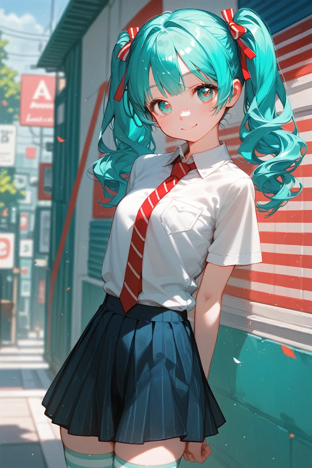 score 9, score 8 up, score 7 up, rating explicit,
detailed background,
sfw, api, solo, skirt, striped thighs, shirt, red necktie, aqua hair, twintails, aqua eyes, detailed eyes,
blush, light smile, outdoors,