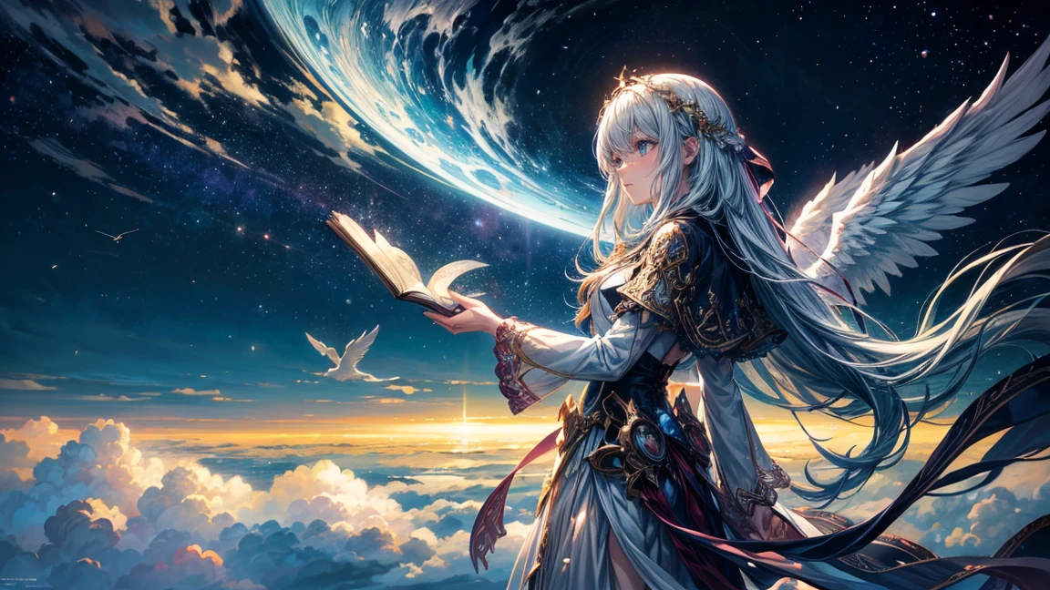 Art Book artwork, fantasy book illustration, fairy tale artwork, Magic book, Concept Art Magic Highlights, Art Book, Storybook Art, Complex and epic composition, Holy Fire Spell, Anime fantasy illustration, Anime Art Nouveau Space Display, Infinite celestial bodies, Pastel sky, White cloud, Magical atmosphere, masterpiece, Epic light novel art cover, An angel appears, Pillar of Light, Over there, you can see several angels flying in the sky., Ocean and vast sky, Gradation, 