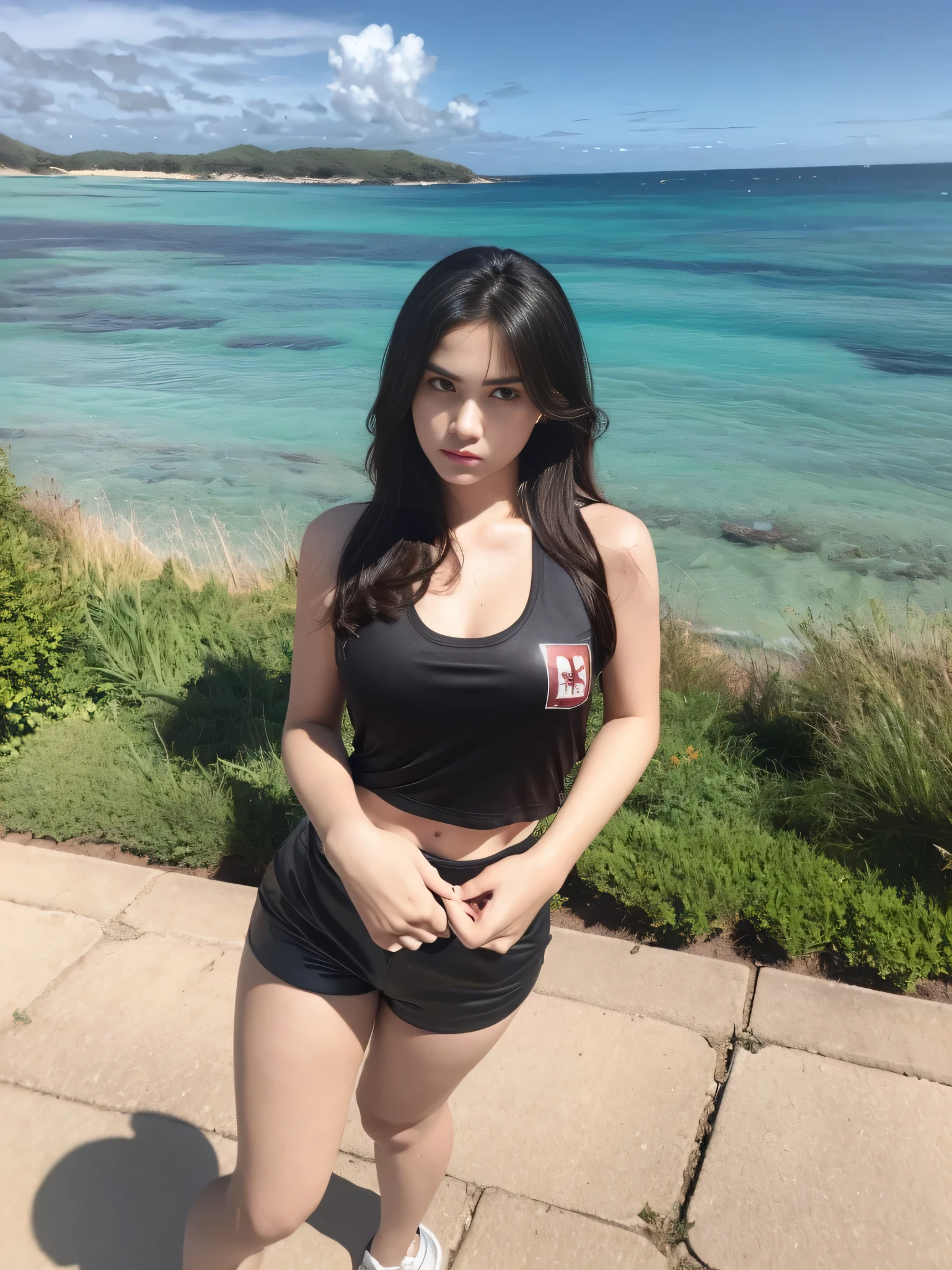 1girl, solo, (uniform), standing, at the beach, beautifully ocean scenery, detailed face, cute angry face, detailed eyes, thick breasts, smooth realistic skin, black tight latex tanktop, black latex hot pants, looking at the audience, low angle shot,(8k, RAW photo, best quality, masterpiece: 1.2), (realistic, realistic: 1.37), ultra-high resolution