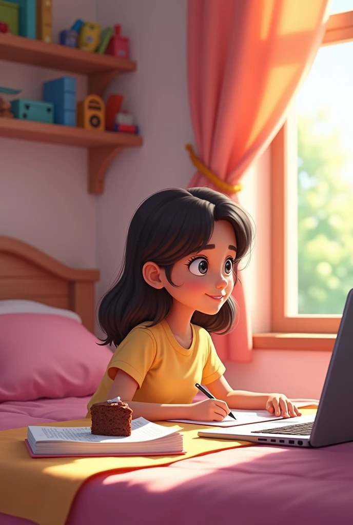 Gauri is good girl and she is 12 year old and always doing study.she is in.own study room and ther light pink color wall and on bed she having.laptop and three book on bed.she is eating chokolava cake