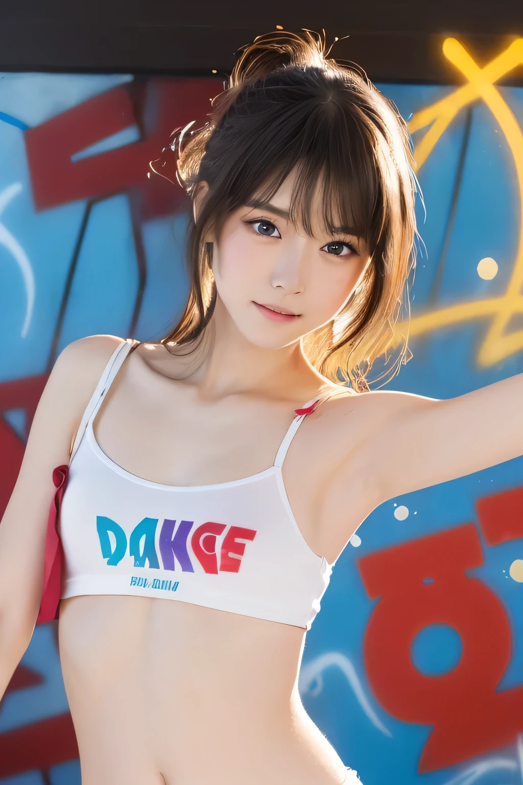 (Highest quality:1.4), (Very detailed), (Very detailed美しい顔), (dance:1.8), (Beautiful face and eyes:1.5), , Evenly balanced eyes, (Hip Hop Dance Practice:1.3), Beautiful face and eyes, iris, The Beauty of Japan, (Skinny body type:1.3), (Flat Chest:1.3), T-shirts, Smooth, Very detailed CG synthesis 8k wallpaper, High-resolution RAW color photos, Professional photography, Light, BackLight, dream-like, impressive, Written boundary depth, (Spray graffiti on the wall:1.4), (Face close-up:1.3), (Shooting from below:1.3)