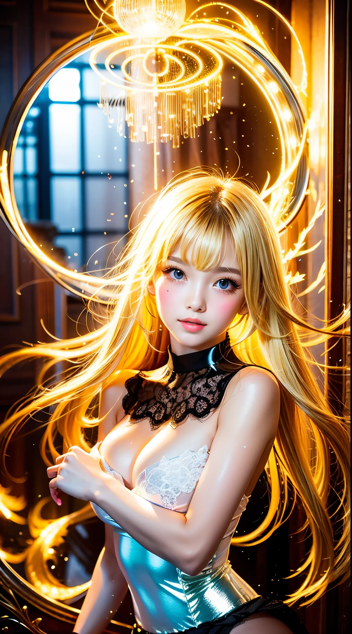 See through,Beautiful and fair、Glowing Skin, On the chest, nice, bright, Refreshing and gentle look, Perfect beautiful face、Beautiful shiny bangs, Very beautiful 17 year old girl, eyeliner, Very perfect eyes,Very large breasts,The original skin is visible through the grooves,Muscular body,White lace tights,Blonde Short Hair