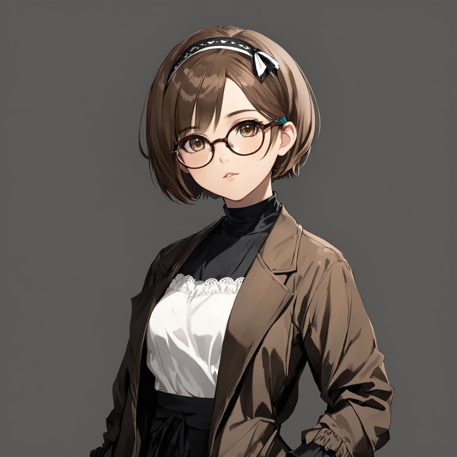 masterpiece, best quality, good quality, Highly detailed, shadowverse style, female, brown hair, brown eyes, short hair, tidy hair, modern aesthetic, glasses, teenager, headband
