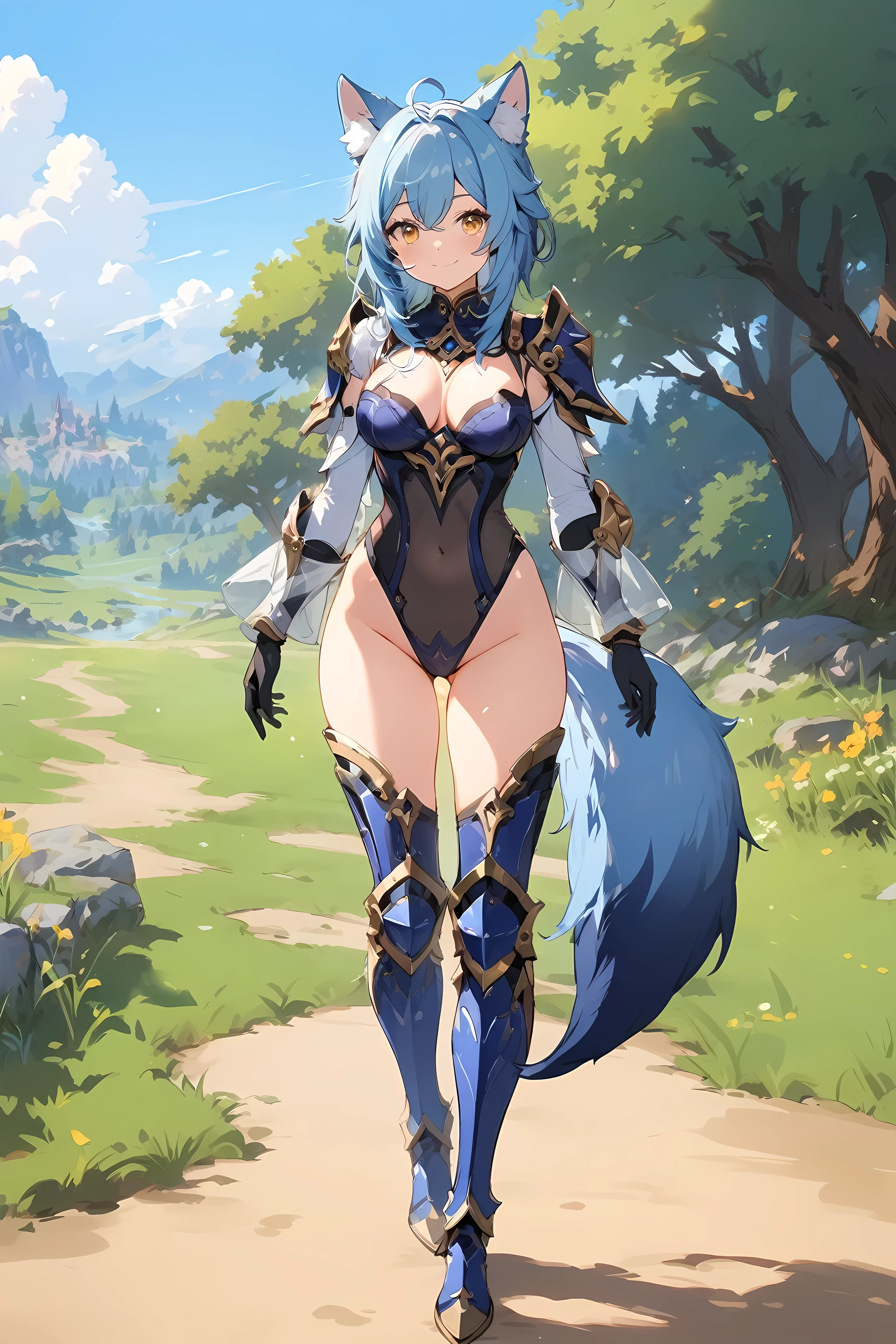 Masterpiece, 1fox girl, blue fox ears, (blue fox tail), full body, perfect face, perfect body, perfect boobs, medium hair, blue hair, sexy white leotard, transparent, see-through, pauldrons, shoulder pads, blue armored boots, blue armroed gauntlet, black gloves, full gloves, standing, tail, yellow eyes, looking at viewer, smile, meadow, day, Genshin Impact style