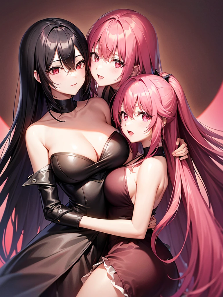 A black-haired woman with red eyes hugs a pink-haired woman with pink eyes.