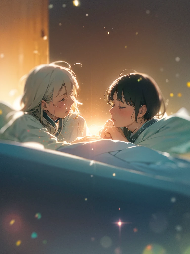 (Sumilux f1.4 50mm , low Latitude old color negative film , cross process , (bokeh), flare, chromatic aberration , soft focus, (Shallow focus) , soft glow , Maximum aperture, high Key , Transparent depiction , Tyndall) , Peaceful time for an elderly couple , loose body