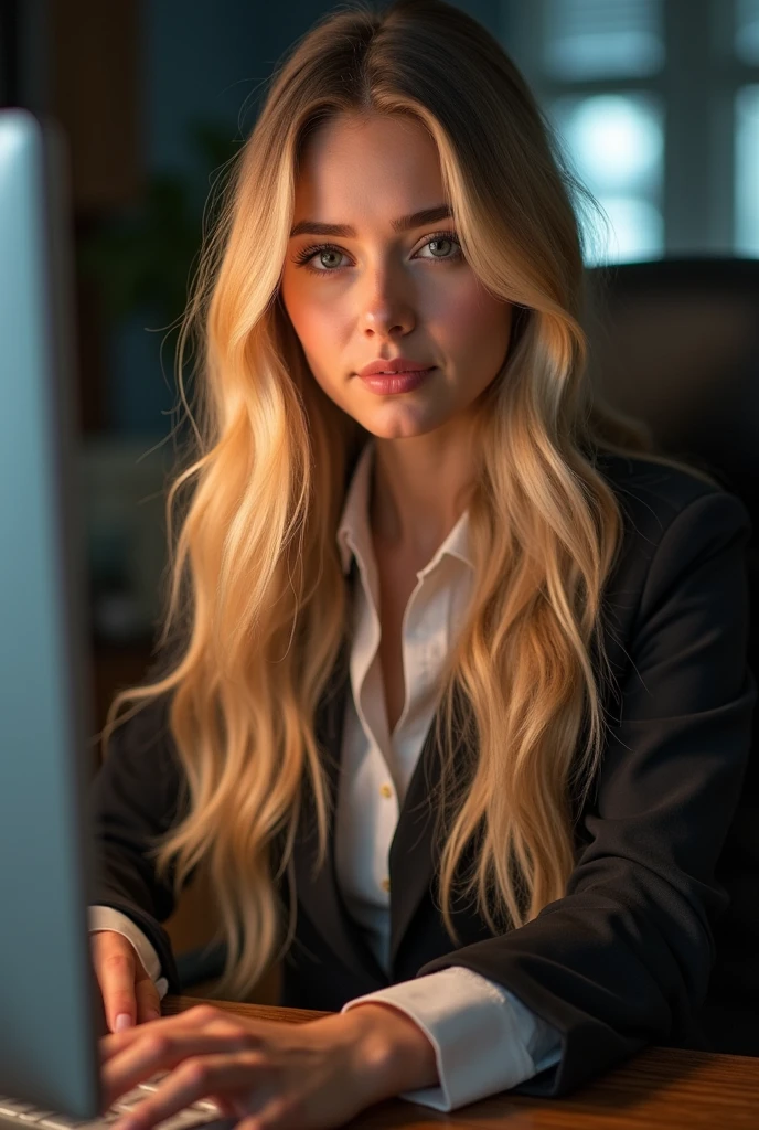 a beautiful girl with long blonde hair, detailed eyes, nose, and lips, wearing professional outfit, siting in her office, using her computer, hp comuter (best quality,4k,8k,highres,masterpiece:1.2),ultra-detailed,(realistic,photorealistic,photo-realistic:1.37),HDR,studio lighting,extremely detailed face and body, portrait,cinematic lighting,dramatic lighting,warm color tones,dramatic colors