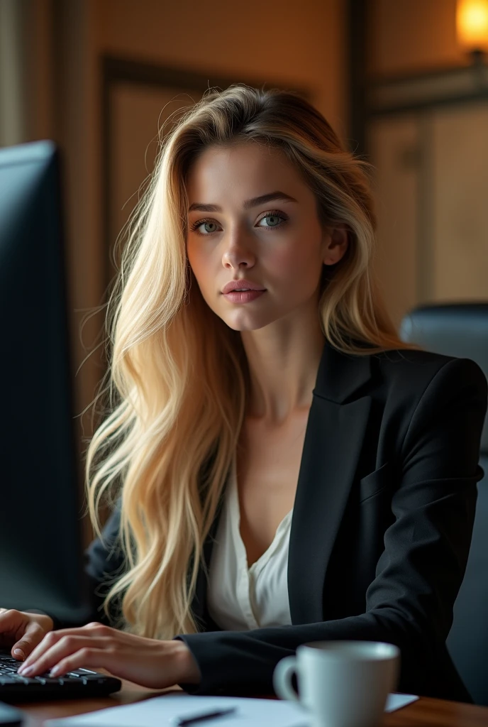 a beautiful girl with long blonde hair, detailed eyes, nose, and lips, wearing professional outfit, siting in her office, using her computer, hp comuter (best quality,4k,8k,highres,masterpiece:1.2),ultra-detailed,(realistic,photorealistic,photo-realistic:1.37),HDR,studio lighting,extremely detailed face and body, portrait,cinematic lighting,dramatic lighting,warm color tones,dramatic colors