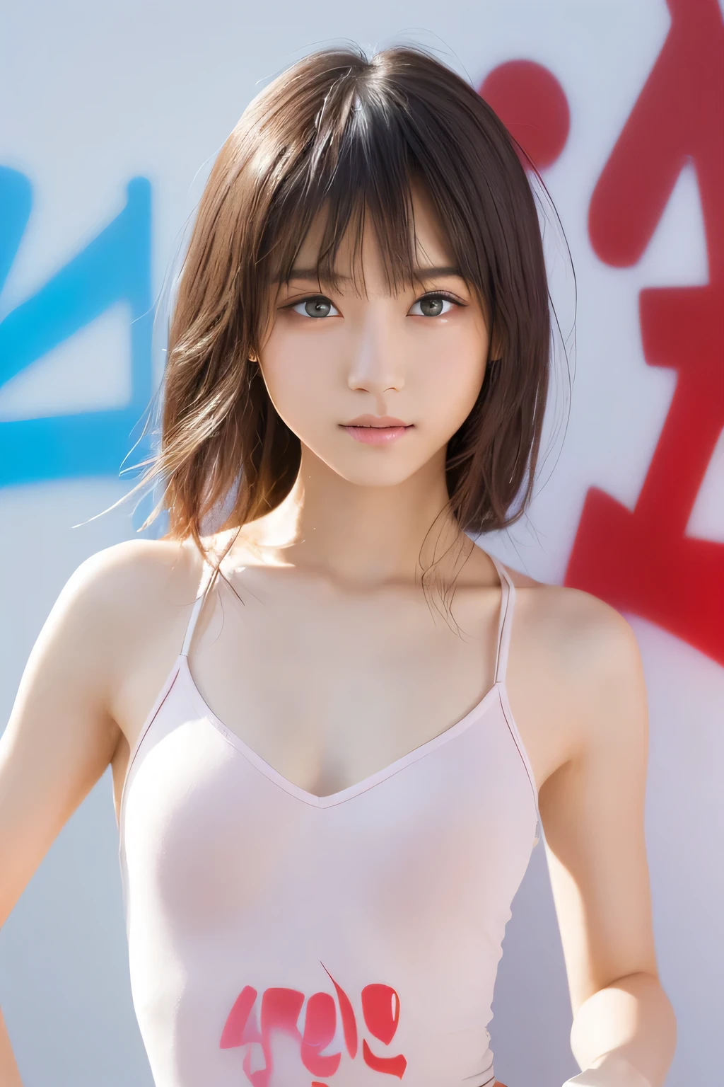 (Highest quality:1.4), (Very detailed), (Very detailed美しい顔), (dance:1.8), (Beautiful face and eyes:1.5), , Evenly balanced eyes, (Hip Hop Dance Practice:1.3), Beautiful face and eyes, iris, The Beauty of Japan, (Skinny body type:1.3), (Flat Chest:1.3), T-shirts, Smooth, Very detailed CG synthesis 8k wallpaper, High-resolution RAW color photos, Professional photography, Light, BackLight, dream-like, impressive, Written boundary depth, (Spray graffiti on the wall:1.4), (Face close-up:1.3), (Shooting from below:1.3)