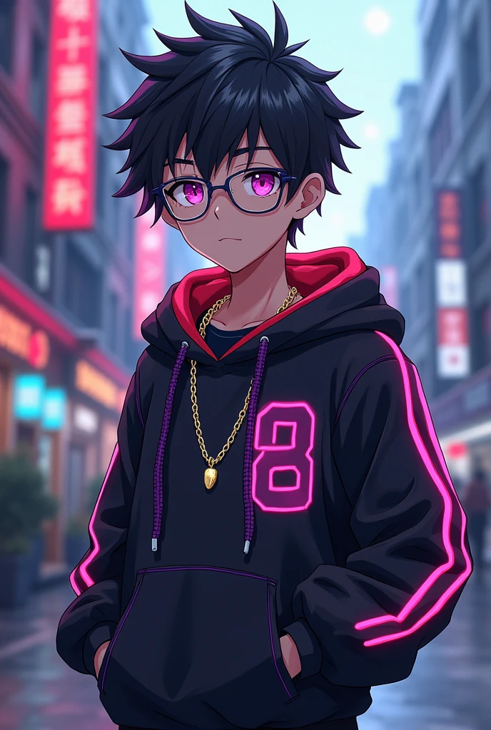 Generate an image of a stylish teenage anime boy looking directly at the viewer and straight , reminiscent of a passport photo. He wears a hoodie with eye-catching neon accents, a chain necklace around his neck, trendy glasses, and impeccably styled hair, exuding urban confidence against a city backdrop and hand in pocket
