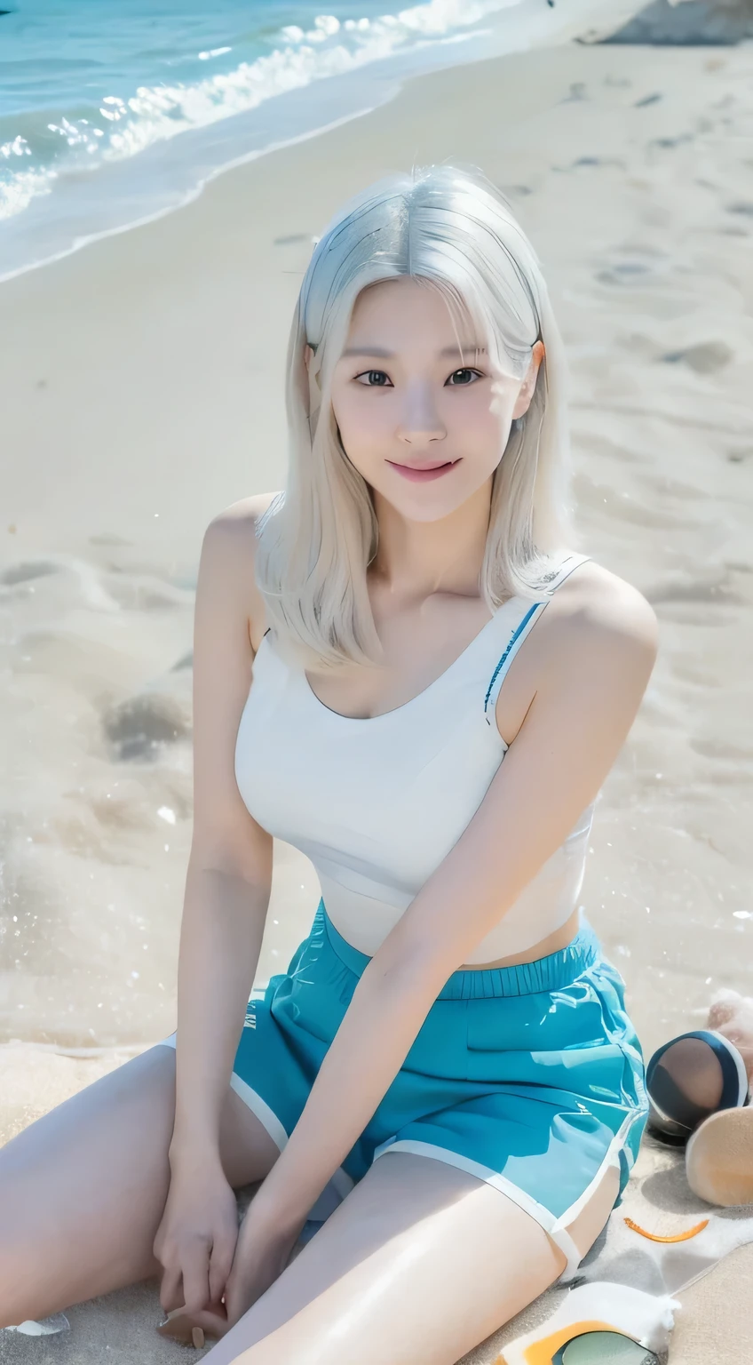 (1 Korean star with a royal sister style), ((best quality, 8k, Masterpiece: 1.3)), focus: 1.2, Perfect body proportions: 1.4, (Make a smile), (Ray Tracing),Big watery eyes, Highly detailed face and skin textures, Beautiful eyes, Double eyelids, Skin Whitening, (White hair, Air bangs: 1.3), (Round face: 1.5), (White tight shirt,Blue shorts: 1.4), (Duck sitting,Sitting on the beach: 1.6),(White: 1.4),(Film grain style:1.3),Blue sky and white clouds atmosphere,Clear water,Clear background,Characters with distinct personalities
