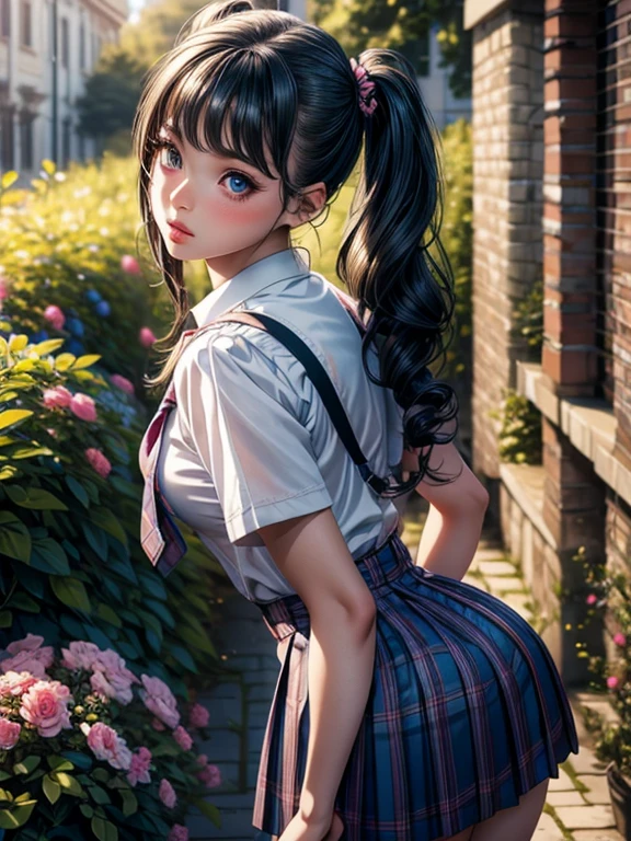 a schoolgirl bending over, panty visible, beautiful detailed eyes, beautiful detailed lips, extremely detailed face, long eyelashes, slim body, pigtails hair, school uniform, outdoor garden scene, photorealistic, 8k, (best quality:1.2), ultra-detailed, (realistic:1.37), vivid colors, natural lighting, beautiful scenery, intricate details, elegant, dynamic pose, ass view