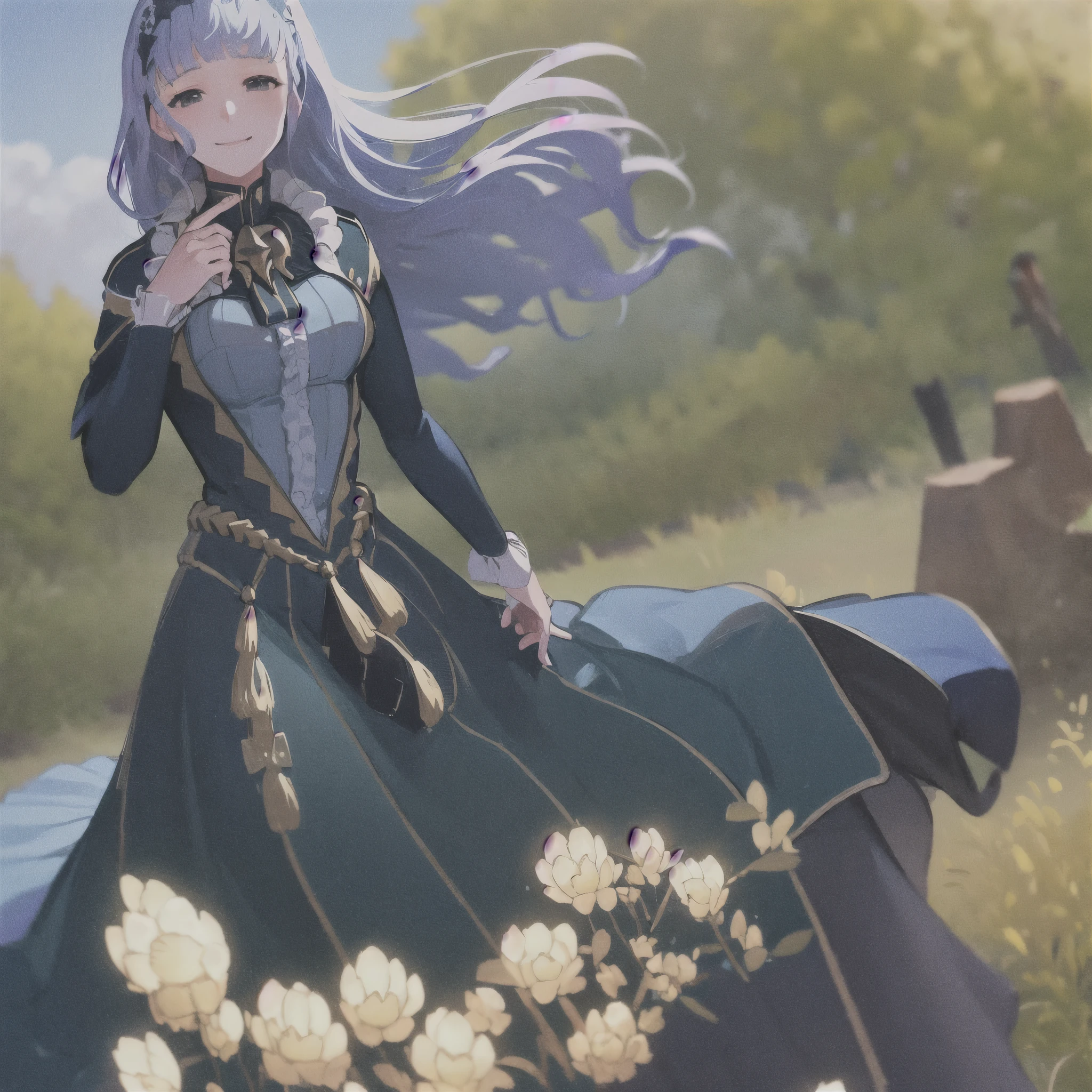 masterpiece, best quality, Marianne3Hopes, long hair, blue dress, capelet, hairband, bird on hand, cowboy shot, smile, sky, outdoors