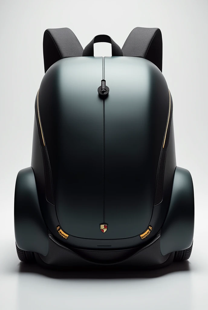 Design me a backpack that looks like a Porsche with headlights, whose closure would be that of a hood with a magnetic system