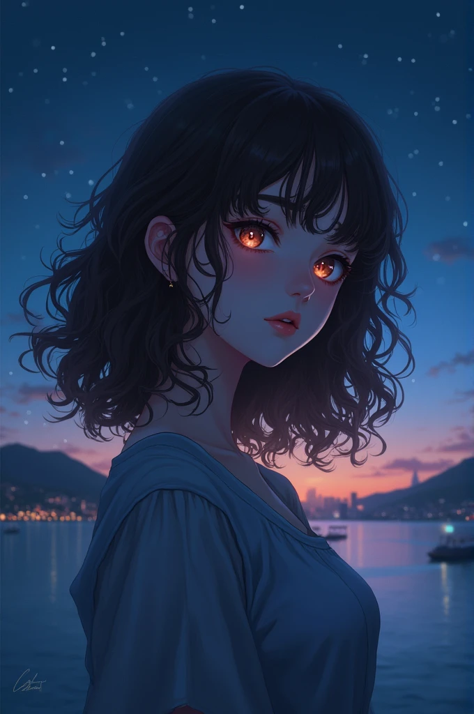 A anime girl sitting at night curly brown hair
