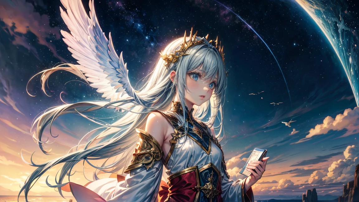 Artwork, Fantasy illustration, fairy tale artwork, Concept Art Magic Highlights, Storybook Art, Complex and epic composition, Holy Fire Spell, Anime fantasy illustration, Anime Art Nouveau Space Display, Infinite celestial bodies, Pastel sky, White cloud, Magical atmosphere, masterpiece, Epic light novel art cover, An angel appears, Pillar of Light, Over there, you can see several angels flying in the sky., Ocean and vast sky, Gradation,