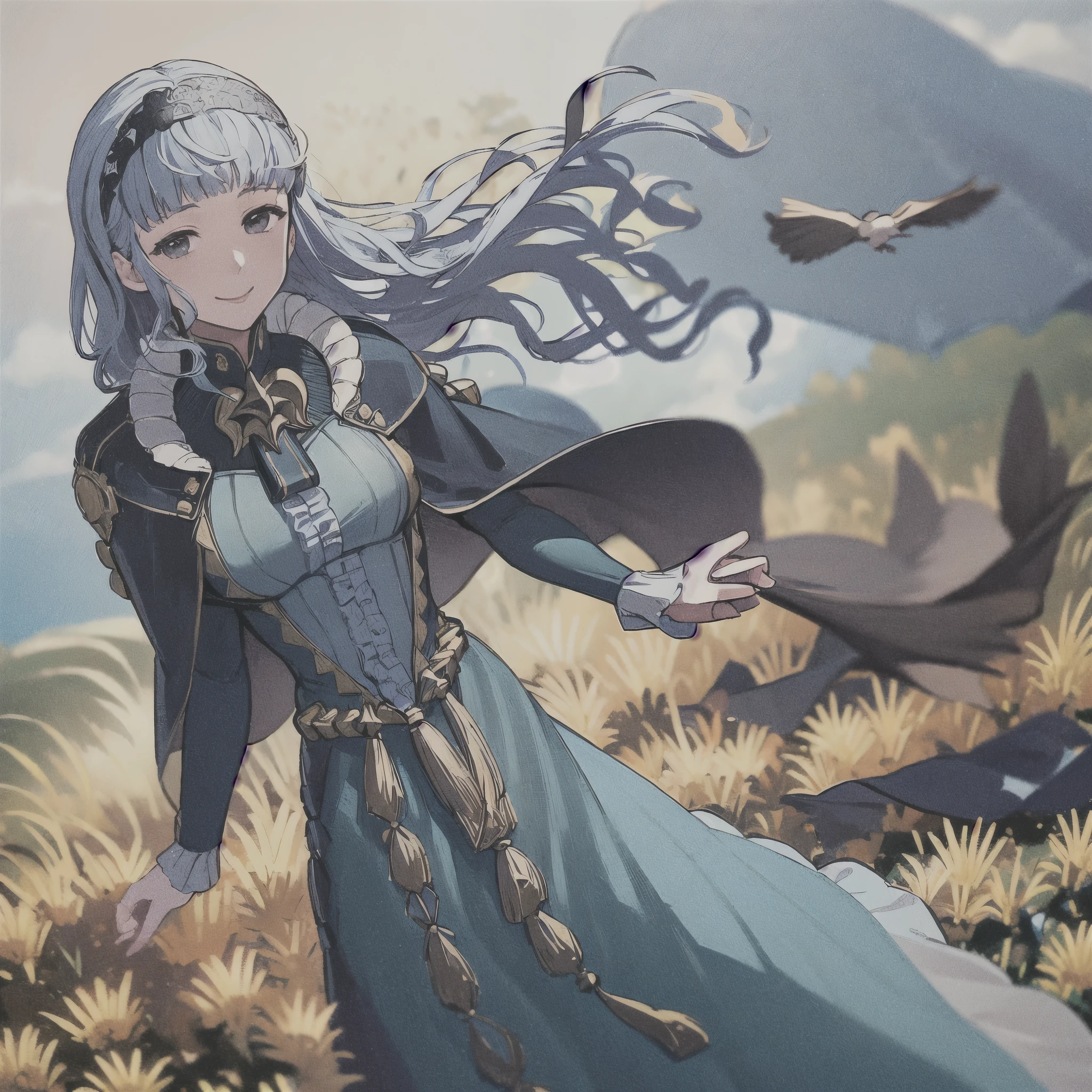 masterpiece, best quality, Marianne3Hopes, long hair, blue dress, capelet, hairband, bird on hand, cowboy shot, smile, sky, outdoors