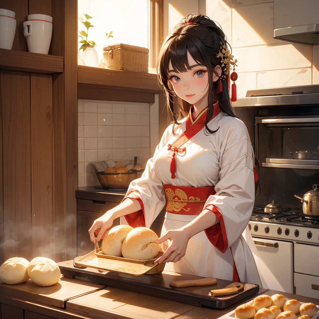 Beautiful girl in ancient Chinese costume Standing in the kitchen Baking bread in front of a large oven in the middle of the day. The sun shines on my face, my eyes sparkle. There is a place for steaming steamed buns nearby.