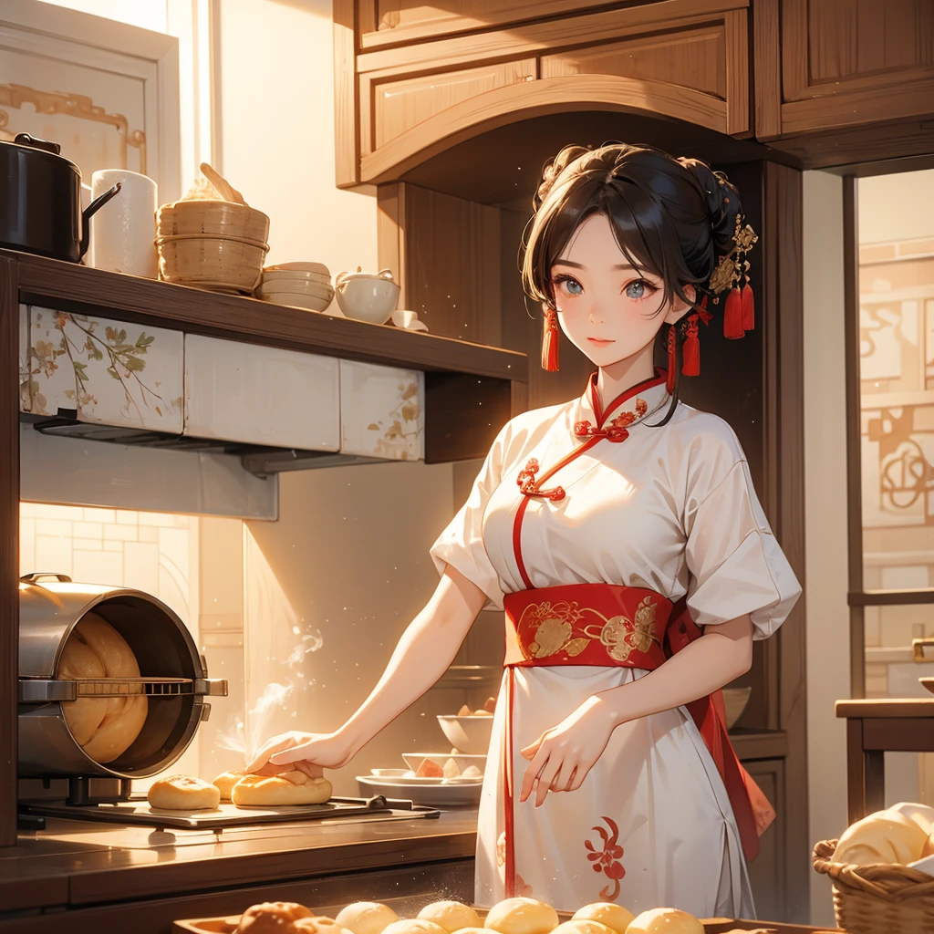 Beautiful girl in ancient Chinese costume Standing in the kitchen Baking bread in front of a large oven in the middle of the day. The sun shines on my face, my eyes sparkle. There is a place for steaming steamed buns nearby.