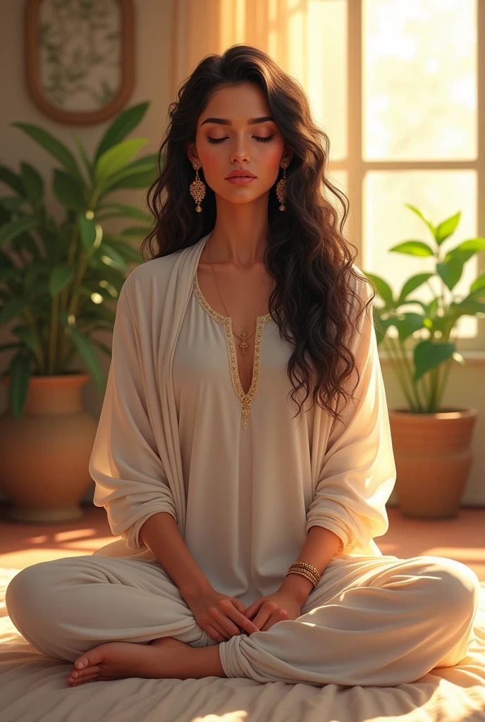 (photorealism:1.2), beautiful indian woman, fair skin,sitting on bed, wearing white salwar suit, jhumkas, long curly hair, indoors, soft lighting, plants in background, window with sunlight, cozy room, relaxed pose, realistic, intricate details, warm colors, anime style