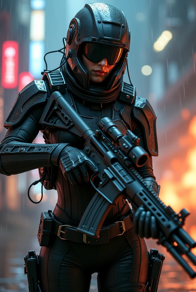 (Cowboy Shot:1.4)、A gorgeous female cyborg in heavy armor、Cyberpunk Mercenary、(Knight Camouflage Tactical Latex Bodysuit:1.6)、Tactical Helmet、Military Goggles、High Resolution Assault Rifle、 Tactical equipment、Bulletproof vest、Utility Belt、 Cybernetic Enhancements、terrorist attack、 explosion、night、rain、 Detailed futuristic cityscape、Neon Light、Dark and gloomy lighting、Dystopian sci-fi setting、Structure of the film、Dramatic camera angles、Chiaroscuro lighting、Metallic texture、bioluminescent details、Shiny technical parts、Exquisite mechanical details、Dark color palette、Dramatic Shadows、Dynamic pose、Powerful expression