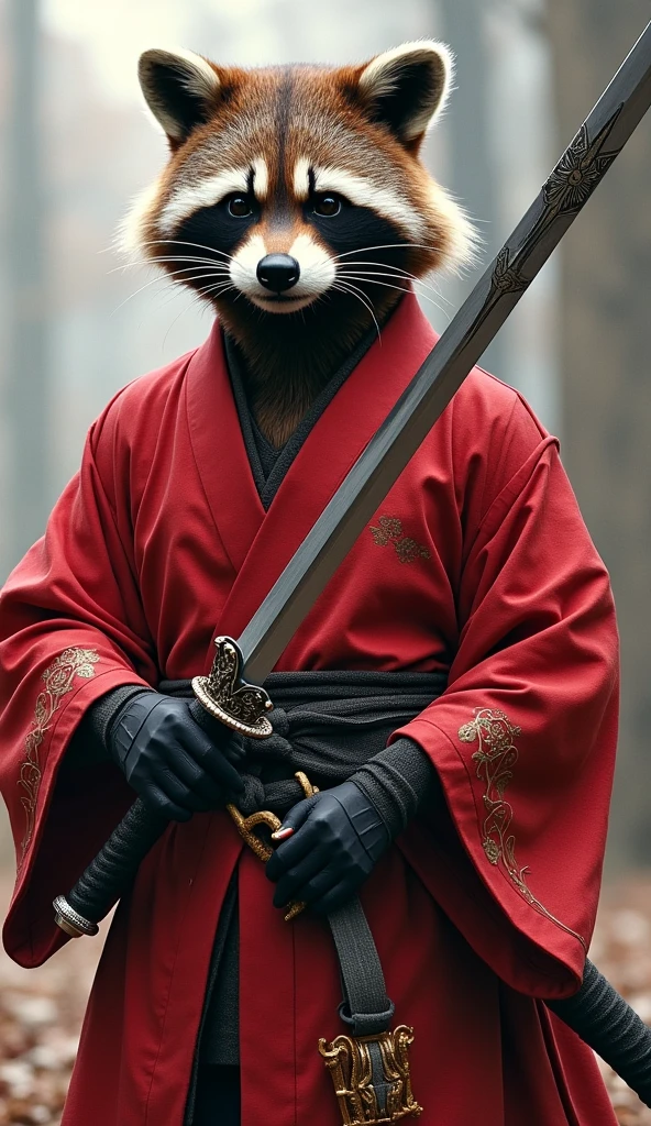 Rocket Raccoon from the MCU, with detailed fur, slightly bulged, wearing a red kimono with intricate details. He is in an action pose with a pensive expression, shown in a full body shot. Rocket is holding an exquisite, long katana with intricate designs, ready for action.
