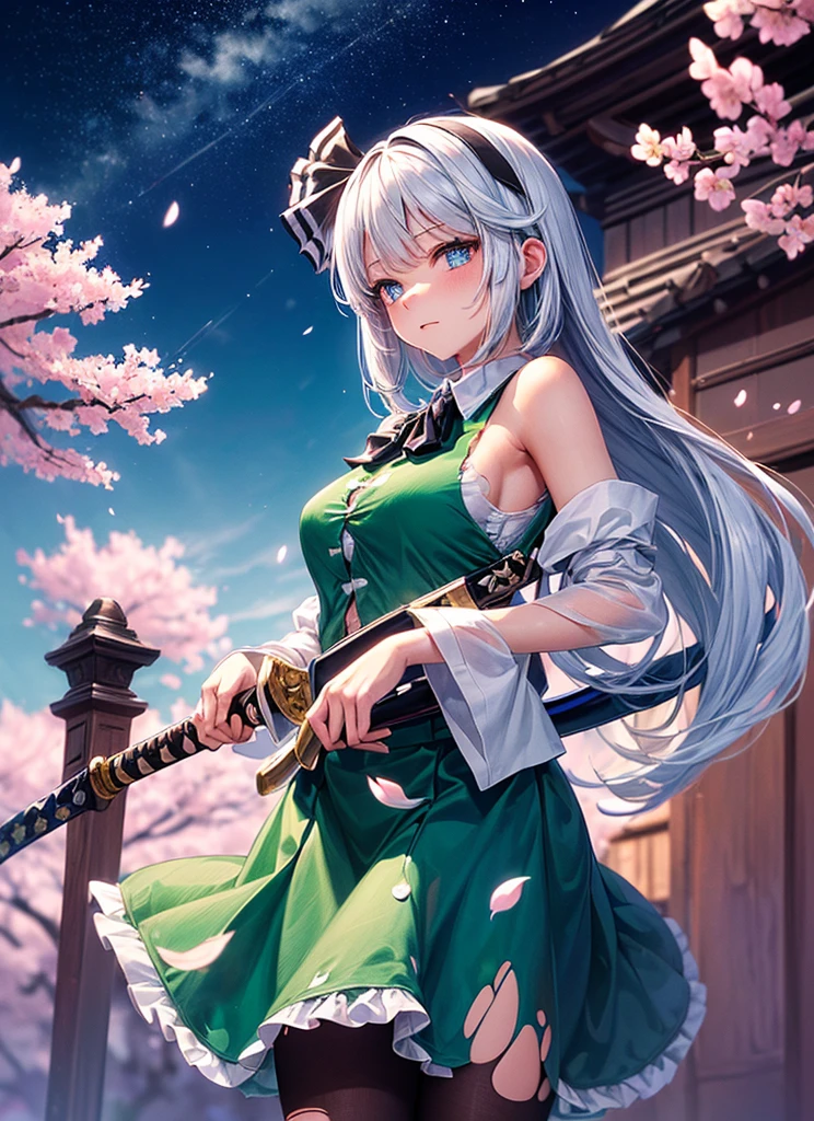 (((masterpiece))),(((Highest quality))),((Very detailed)),(shape),(Dynamic Angle), ((Touhou Project)),(paint),((Disheveled Hair)), (((Voluptuous Body))),(((The skirt is flipped up, revealing the genitals))), ((Girl wearing black tights)), (((Detailed anima face))),((Beautifully detailed body)),((side、Shoulders are exposed)),(((Mysterious and sparkling blue eyes)))Gray Hair, ((Colorful Hair)),((Striped and long hair)), Beautiful attention to detail,(Gradient color eyes),(((Torn clothing revealing tattered skin))), (((background))),(((High saturation))),(((Konpaku Youmu))),(((Standing in front of the cherry blossoms in the night view))),,((Holding a shining sword))