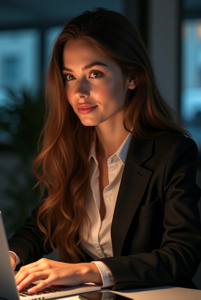 a beautiful girl with long brown hair, detailed eyes, nose, and lips, wearing professional outfit, siting in her office, using her computer, hp comuter (best quality,4k,8k,highres,masterpiece:1.2),ultra-detailed,(realistic,photorealistic,photo-realistic:1.37),HDR,studio lighting,extremely detailed face and body, portrait,cinematic lighting,dramatic lighting,warm color tones,dramatic colors