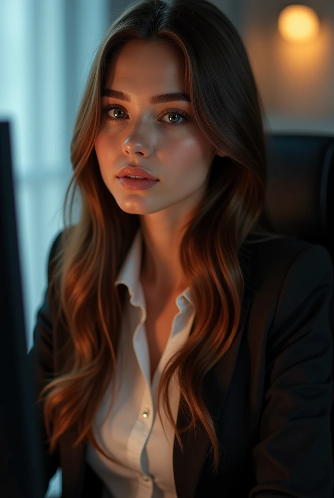 a beautiful girl with long brown hair, detailed eyes, nose, and lips, wearing professional outfit, siting in her office, using her computer, hp comuter (best quality,4k,8k,highres,masterpiece:1.2),ultra-detailed,(realistic,photorealistic,photo-realistic:1.37),HDR,studio lighting,extremely detailed face and body, portrait,cinematic lighting,dramatic lighting,warm color tones,dramatic colors