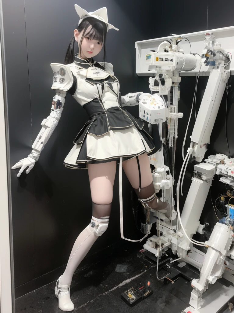 masterpiece, Highest quality, Very detailed,Japanese anドロイド woman,Plump ,Control panel,Activation,Android,Mechanical Hand,Robotic arms and legs, White Robot Parts,Black Hair,Dark black knee-high socks,Black sponge joint,Blunt bangs,White robot body,Ceramic body,Perfect Cyborg Girl,