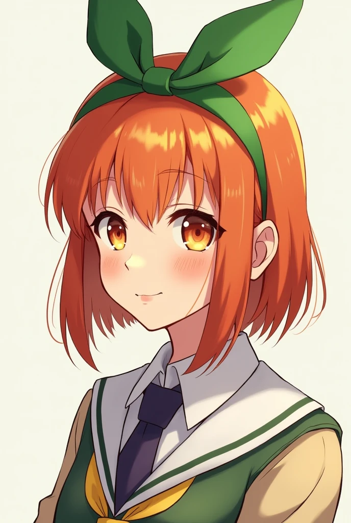 Green ear-like ribbon on head。
A 18-year-old girl with bob-length orange hair and a great smile、Wearing a uniform。