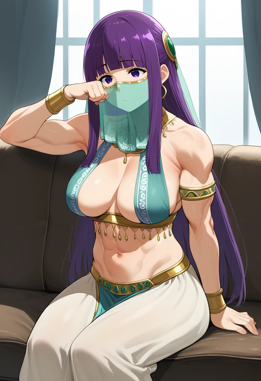 score_9, score_8_up, score_7_up, score_6_up, source_anime, BREAK by ikuchan kaoru, iku, clean color, flat color, sitting, indoors, presenting breasts, couch, muscular, extremely muscular, 1girl, bodybuilder, muscle girl,fren, bored, apathetic, break, ((arabian clothes)), belly dancer, face veil, veil, purple hair, long hair, blunt bangs