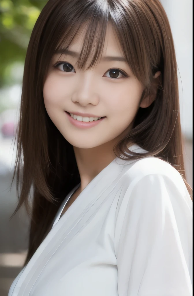 best quality, face focus, soft light, ultra high res, (photorealistic:1.4), RAW photo,(Shinozaki Ai), white skin, kawaii, 1 Japanese girl, solo, cute, (smile), (pupil, lights in the eyes), detailed beautiful face, Medium-sized breasts,(high resolution detail of human skin texture),(long hair),(portrait), upper body, white traditional kimono,