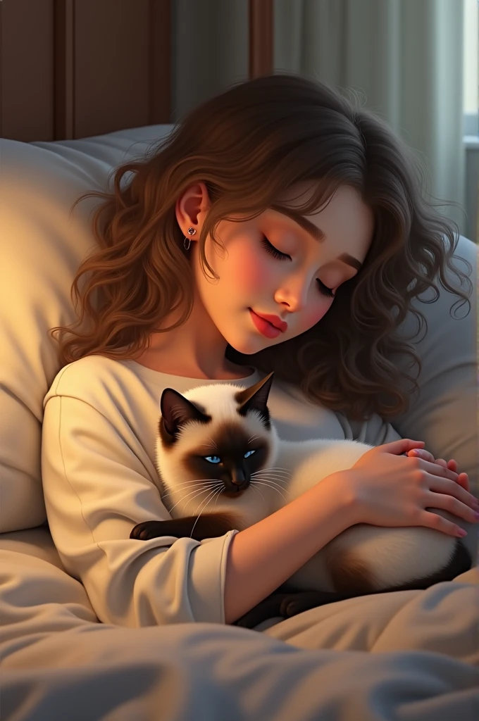 Generate a young person (brown curly hair) with her Siamese cat lying on her chest