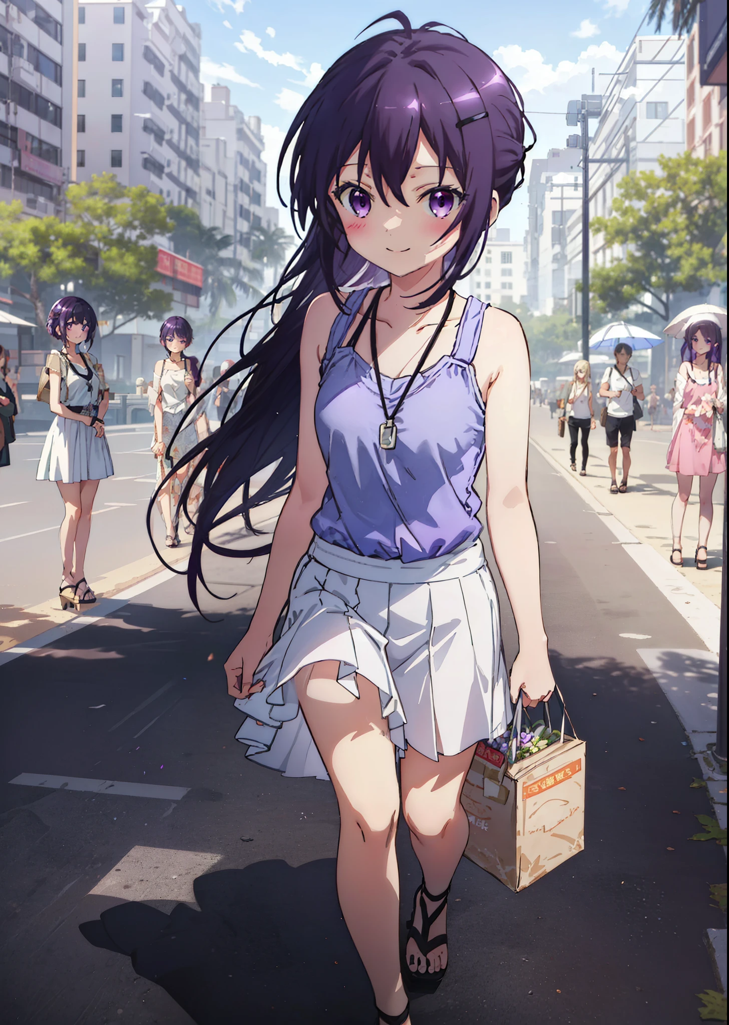 Rize tedeza, very cute and beautiful girl,(highly detailed beautiful face and eyes),Check it out, long hair, bangs, violet hair, (violet eyes:1.2),Blue Tank Top,White long skirt,Heeled Sandals,Daytime,Clear skies,Palm tree,Walking,smile,Close your mouth,blush,whole bodyがイラストに入るように,
break outdoors, tropical,Tropical,Coastal Road,
break looking at viewer, whole body,
break (masterpiece:1.2), Highest quality, High resolution, unity 8k wallpaper, (figure:0.8), (Beautiful attention to detail:1.6), Highly detailed face, Perfect lighting, Highly detailed CG, (Perfect hands, Perfect Anatomy),