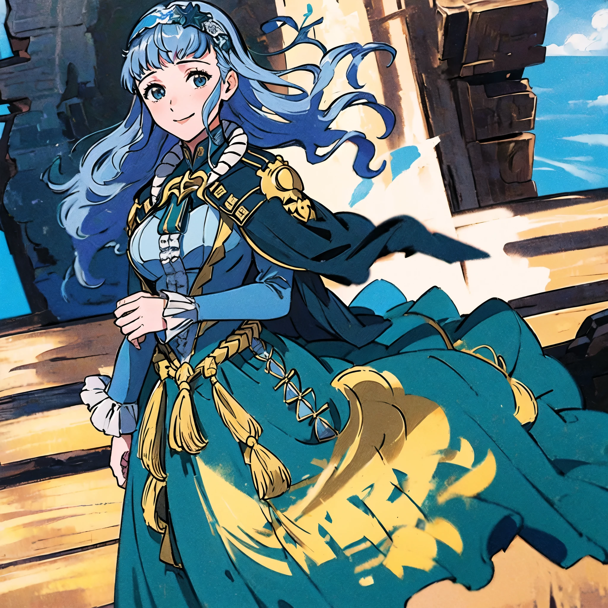 masterpiece, best quality, Marianne3Hopes, long hair, blue dress, capelet, hairband, cowboy shot, smile, sky, outdoors