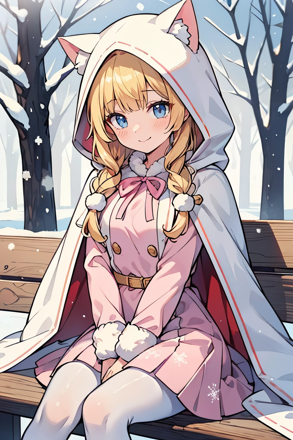 Safe for work, masterpiece, best quality, solo, 1 girl,  cute girl, wholesome girl, (young female body:1.4), ( medium small breasts), cowboy shot, shy smile, flustered, yellow hair, thick wavy hair, hime cut, very blunt bangs, light blue eyes, detailed eyes, outside, snowy woods, sitting on a white bench, pink dress, pink winter dress, dress withfur, white cotton pantyhose, pink winter fur dress, long sleeve, hot pink dress, snowflake print on dress, thick pink winter dress, white fur trimmings, white fur, warm, bright pink dress, white cloak, fluffy cape, cape over shoulder, white cape, bows, cape hood over head, hood with cat ears, pink snowflake details on dress 