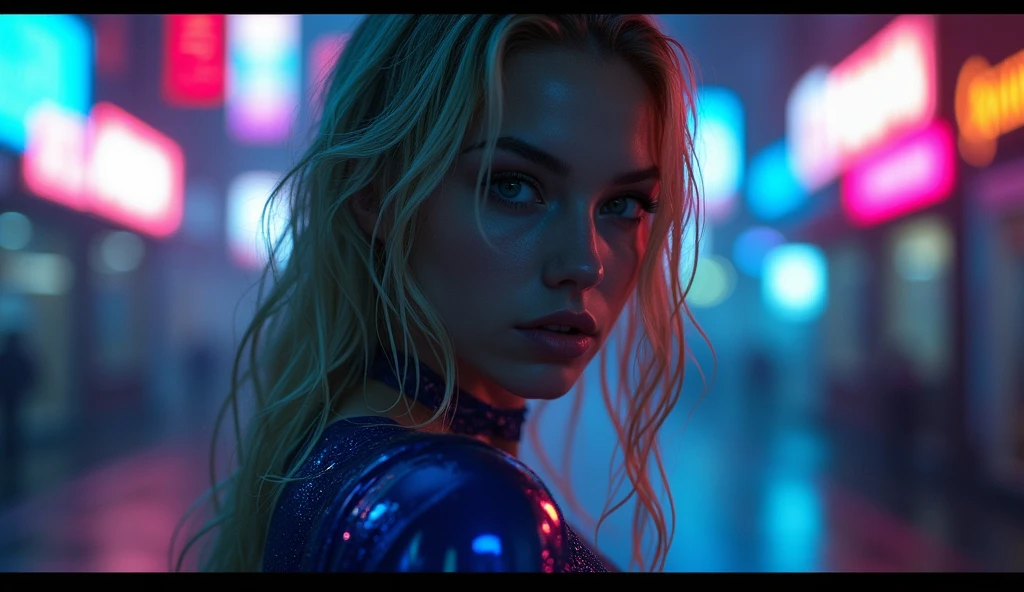 ((best quality)), ((masterpiece)), (detailed), ((background Cyber)), wet look, ((blond long Hair)), ((Intricate detailing, in the night time, Contre-Jour, random neon color, View from afar, random pose, blue latex bodysuit, face focus, hell picture, light face, big boobs)), (face brightly lit), ((full body view)), 8k