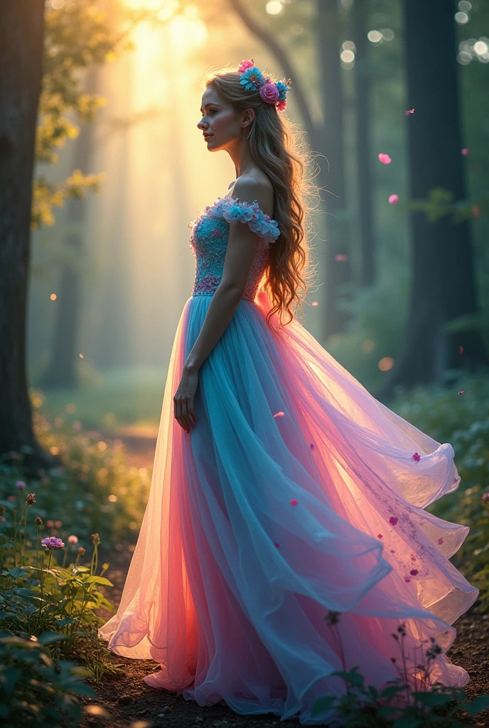 Fine Art Master Class Splash Spray Rainbow Opal Prisma Sakura Oil Color, Long dress, Celestial ghostly fairy, High resolution, Ultra high definition, Centered, Bokeh, Lens flare, foggy dusk, bloom, light bloom, Cinema Lighting, High Dynamic Range, Depth of written boundary, Full pose, in the forest, Sunlight filtering through the trees, Gentle light,