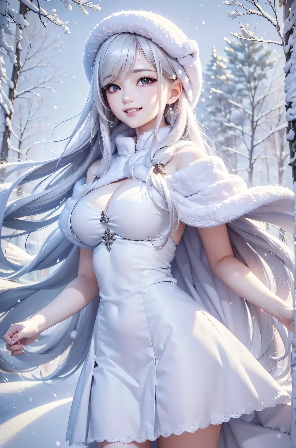 masterpiece、Highest quality、1 girl, winter, white hair, Cute girl, smile, close mouse, medium , off shoulder, cleavage dress, winter clothes, Fur coat、Small waist、Thin legs、outdoors, snow falling, in the forest and 湖